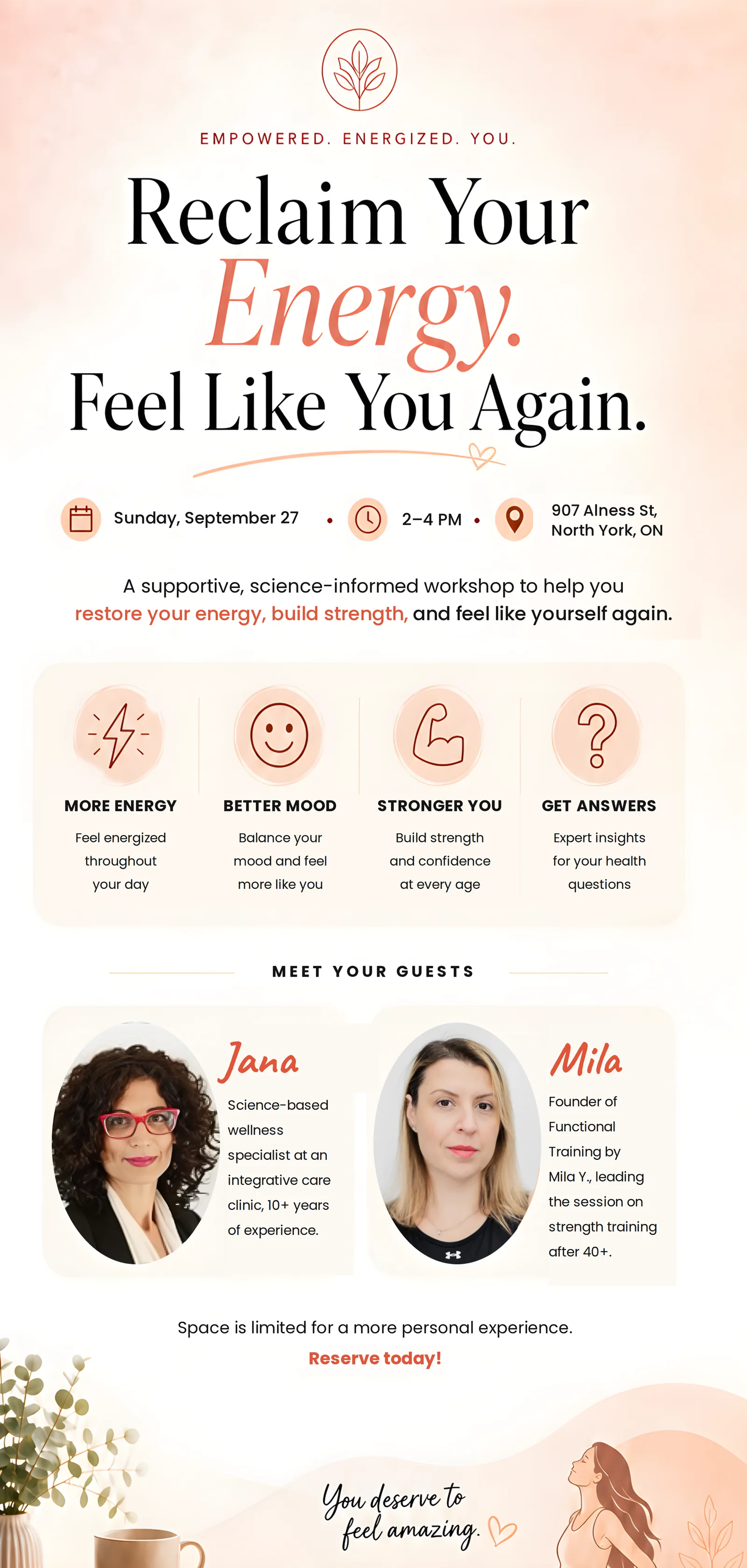 Reclaim Your Energy workshop flyer: Sunday, Sep 27, 2:00-4:00 PM, 907 Alness St, North York, ON, with guests Jana and Mila