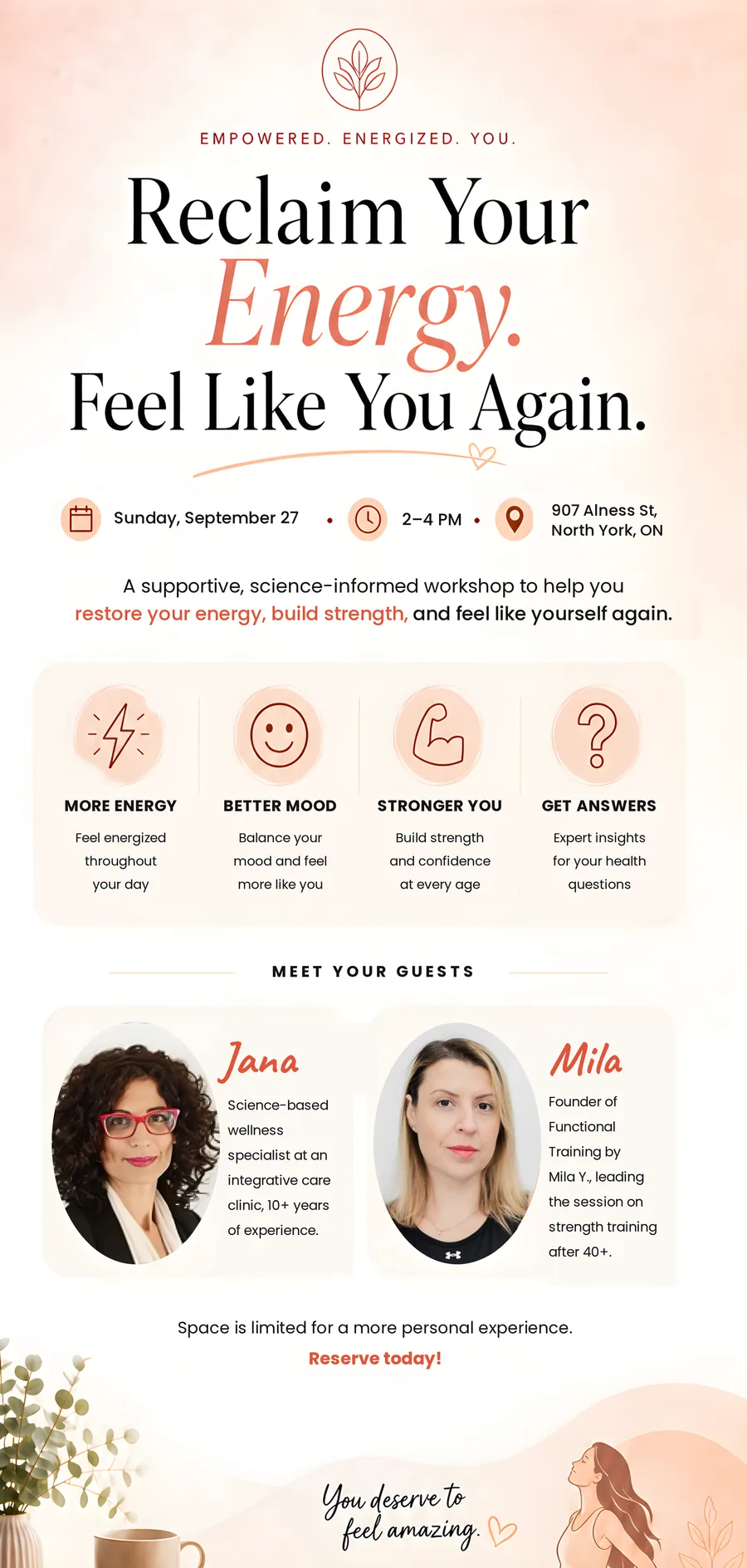 Reclaim Your Energy workshop flyer: Sunday, Sep 27, 2:00-4:00 PM, 907 Alness St, North York, ON, with guests Jana and Mila